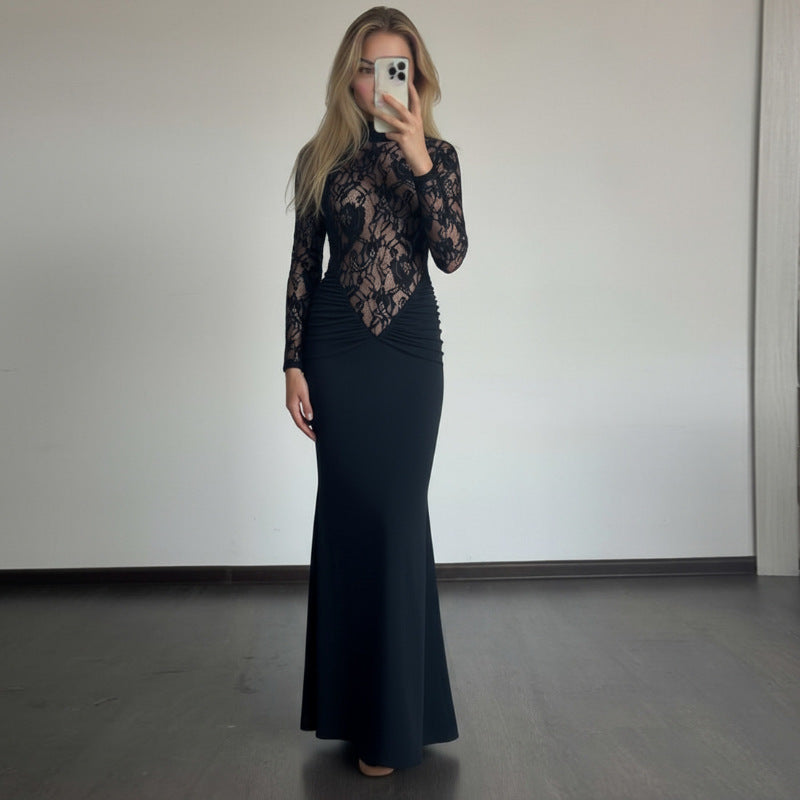 Damen Elegantes Langarm Kleid aus Spitze mit geraffter Silhouette Drune