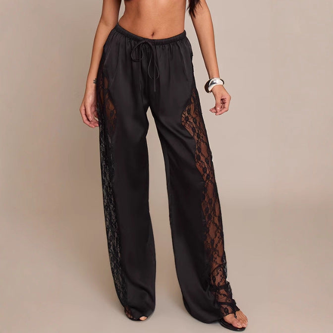 Damen nan Satinhose mit seitlichen Spitzeneinsätzen, weitem Bein und Tunnelzug Drune
