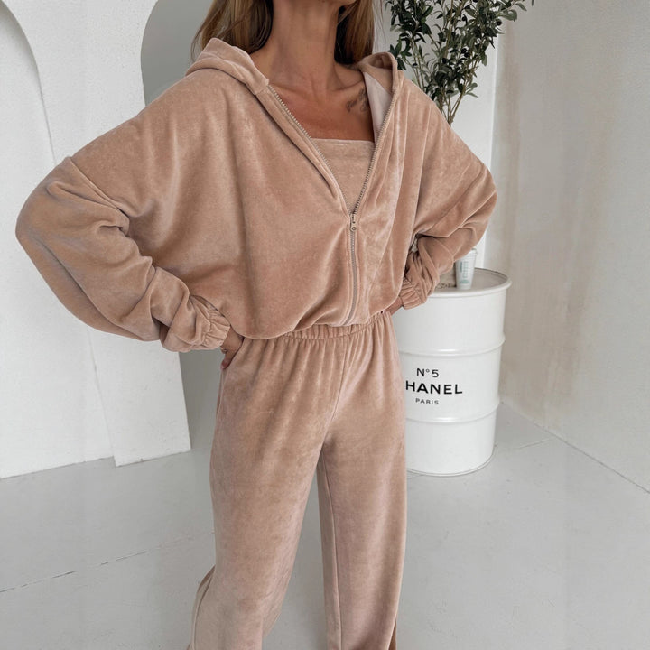 Damen Elegantes Fleece-Loungewear-Set mit weitem Oberteil und bequemen Hosen Drune