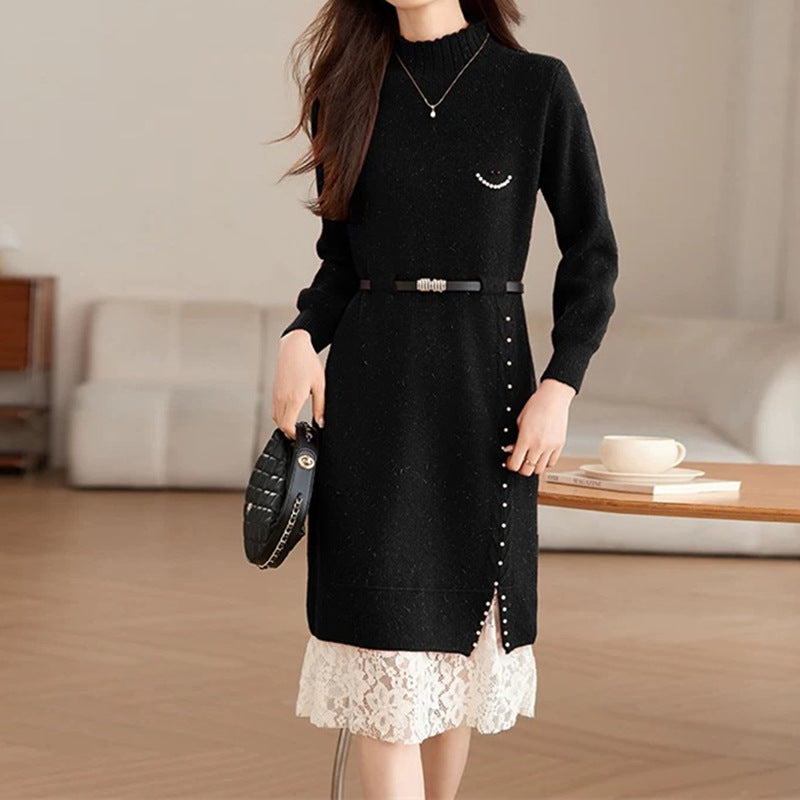 Damen Strickkleid mit elegantem Spitzensaum und taillierbarem Gürtel Drune