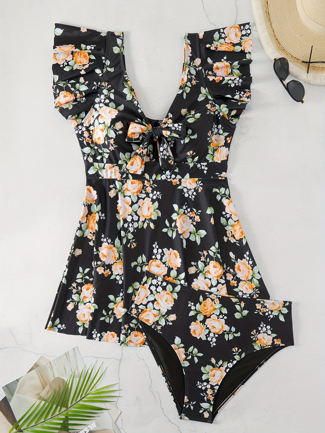 Damen Einteiler Badeanzug mit Rüschendetails und floralem Design Drune