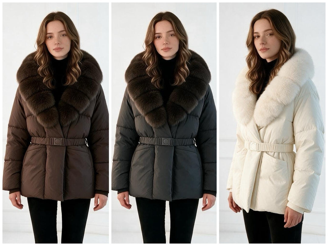 Damen nan taillierte Steppjacke mit übergroßem Webpelzkragen, taillierendem Gürtel und wärmender Thermofüllung Drune