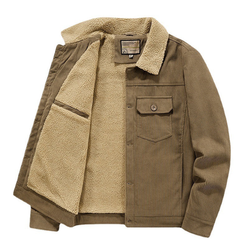 Herren Cord-Truckerjacke mit Sherpa-Innenfutter, Brustpattentasche und geradem Saum Drune