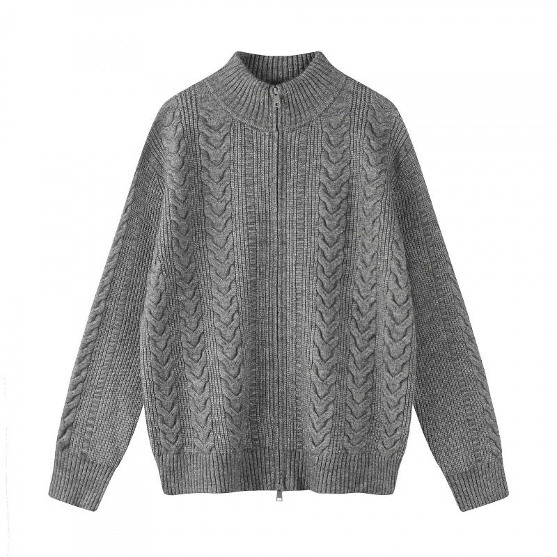 Damen Grobgestrickter Zopfstrick-Cardigan mit durchgehendem Reißverschluss und Stehkragen Drune