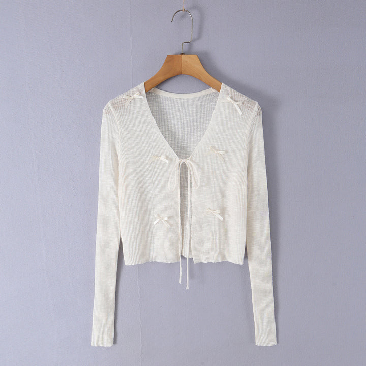 Damen Cropped-Feinstrick-Cardigan mit V-Ausschnitt, Bindeband und Zierschleifen Drune