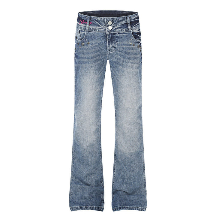 Damen High‑Waist Flared-Jeans mit weitem Bein, Doppelknopf und Nieten-Detail Drune