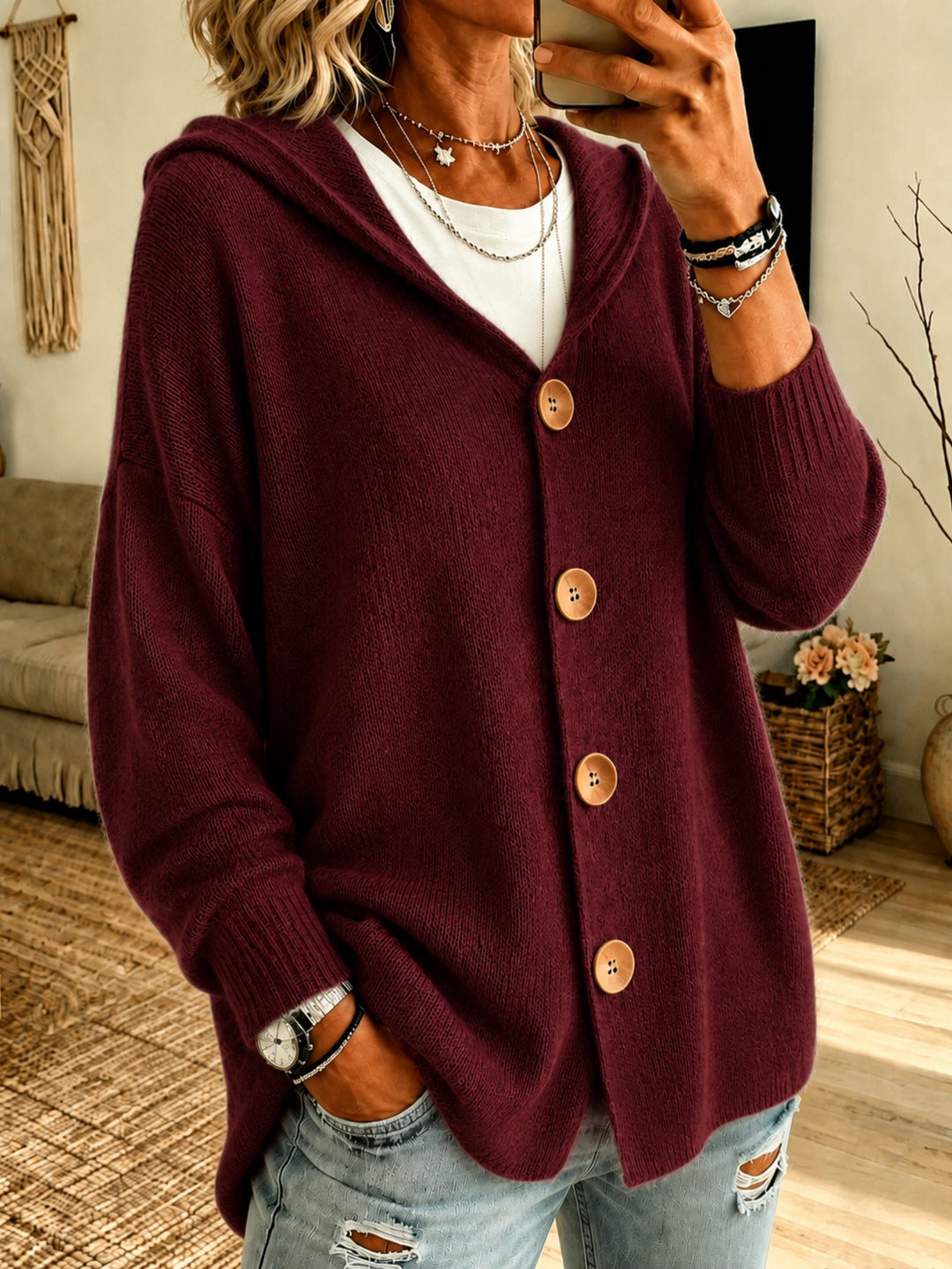 Damen Kapuzen-Cardigan Oversize mit Holzknöpfen und Rippbündchen Drune