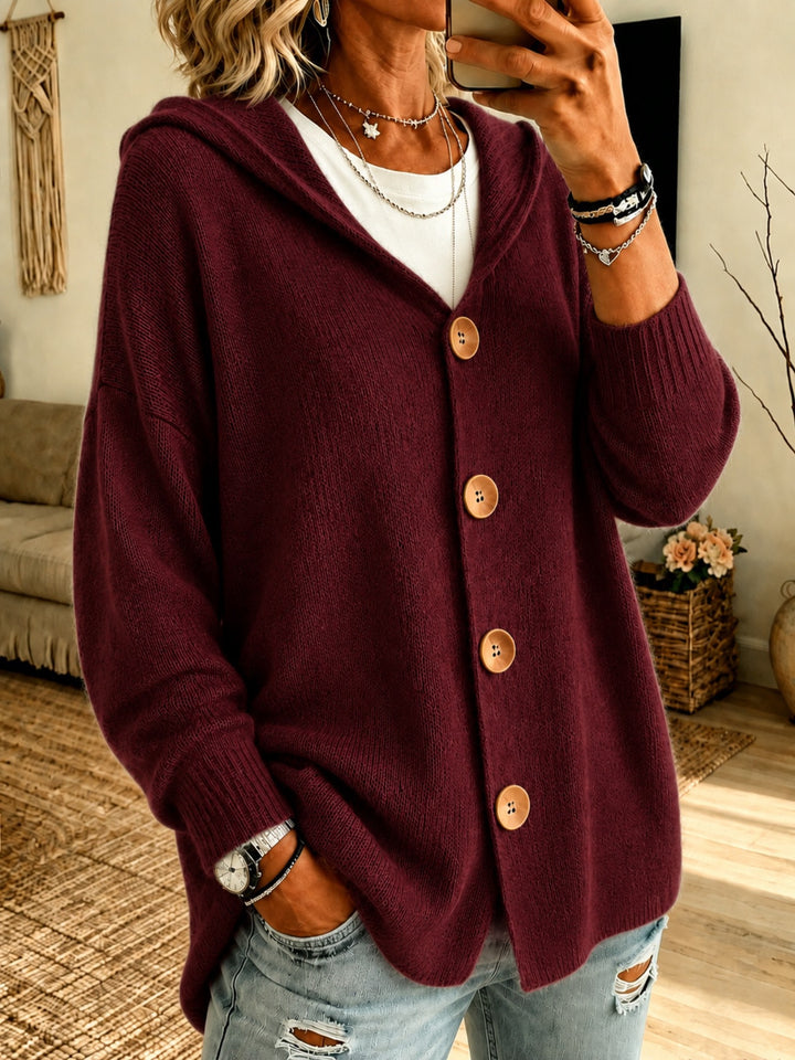 Damen Kapuzen-Cardigan Oversize mit Holzknöpfen und Rippbündchen Drune