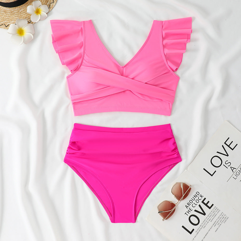 Damen Zweiteiliges High-Waist Bikini-Set mit Rüschendetails Drune