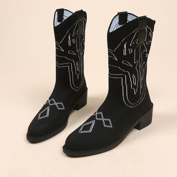 Damen Cowboy-Stiefel mit kunstvollem Stickdesign und robustem Absatz Drune