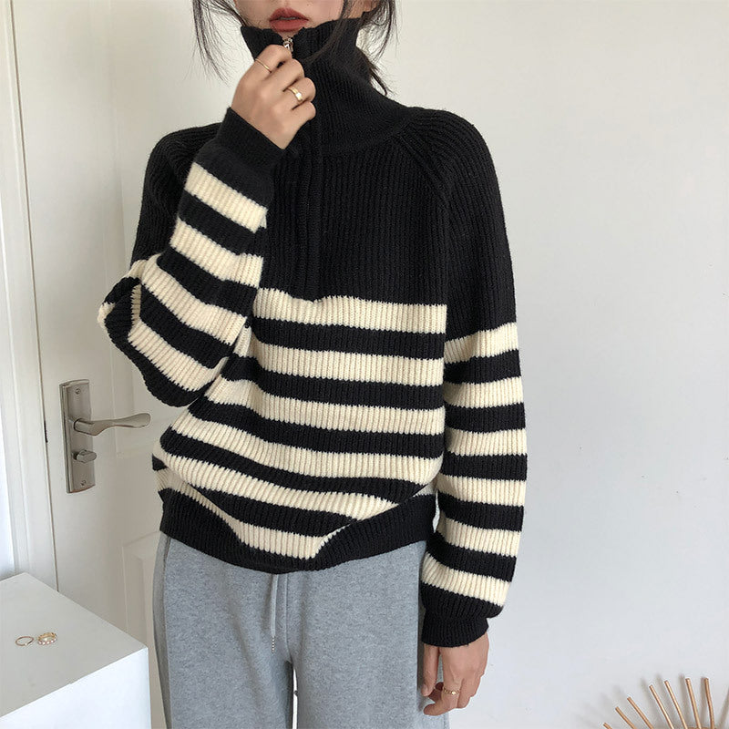 Damen gestreifter Pullover mit halblangem Reißverschluss und lässigem Schnitt Drune