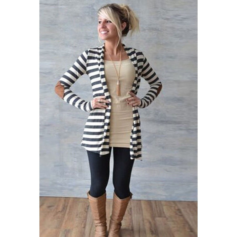 Damen Gestreifter Longcardigan mit offenem Waterfall-Schnitt und Ellbogen-Patches Drune