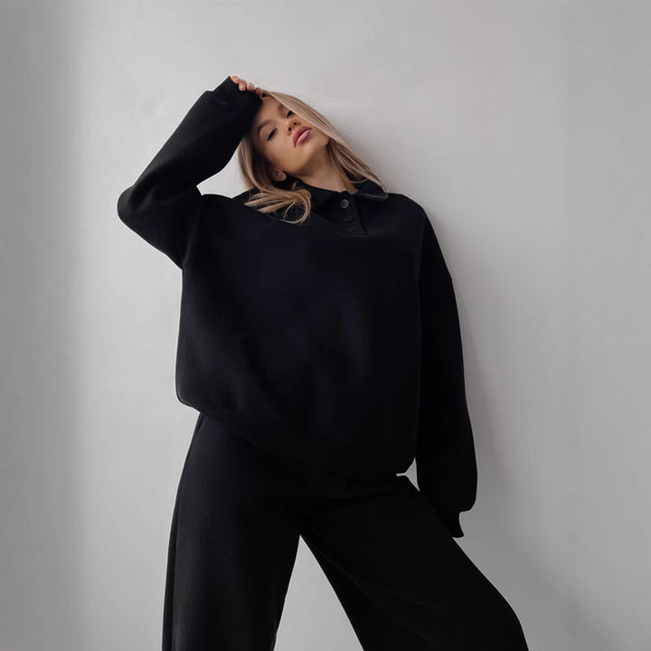 Damen Casual-Set aus schwerem French-Terry mit Polokragen-Cropped-Sweater und weitem High-Waist-Sweathose Drune