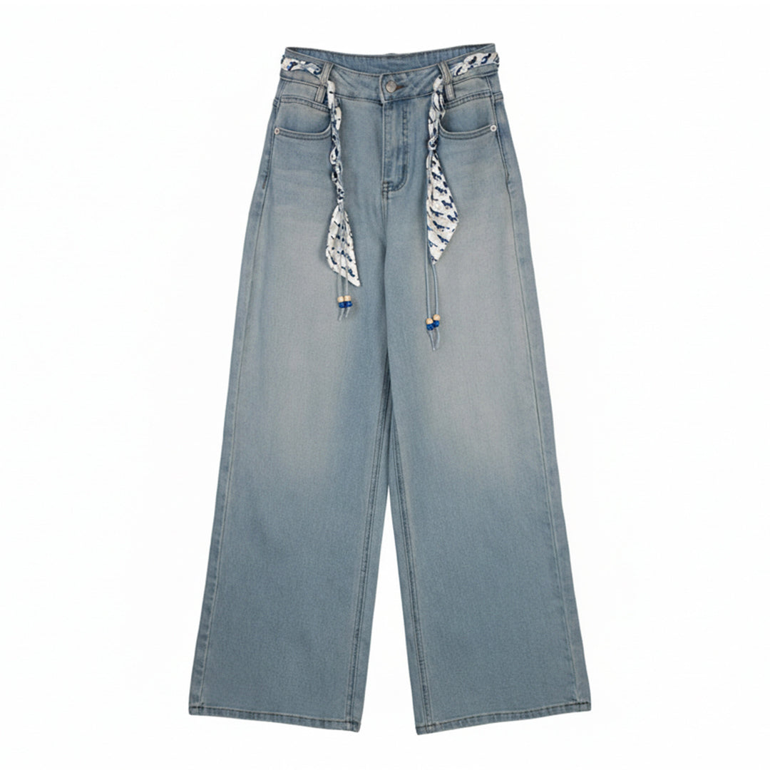 Damen Weite Jeanshose mit dekorativem Gürtel Drune