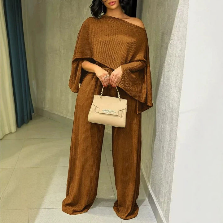 Damen Zweiteiliges Strukturiertes Loungewear‑Set mit Cropped‑Capeoberteil und Maxirock mit Seitenschlitz Drune