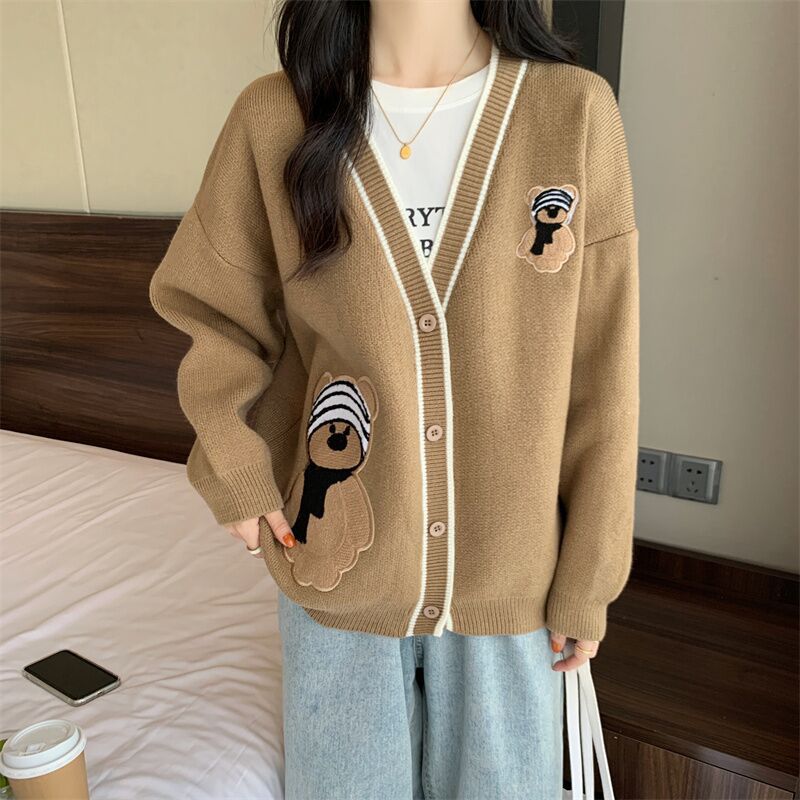 Damen Strickjacke mit Bärenapplikationen und Kontrastdetails Drune