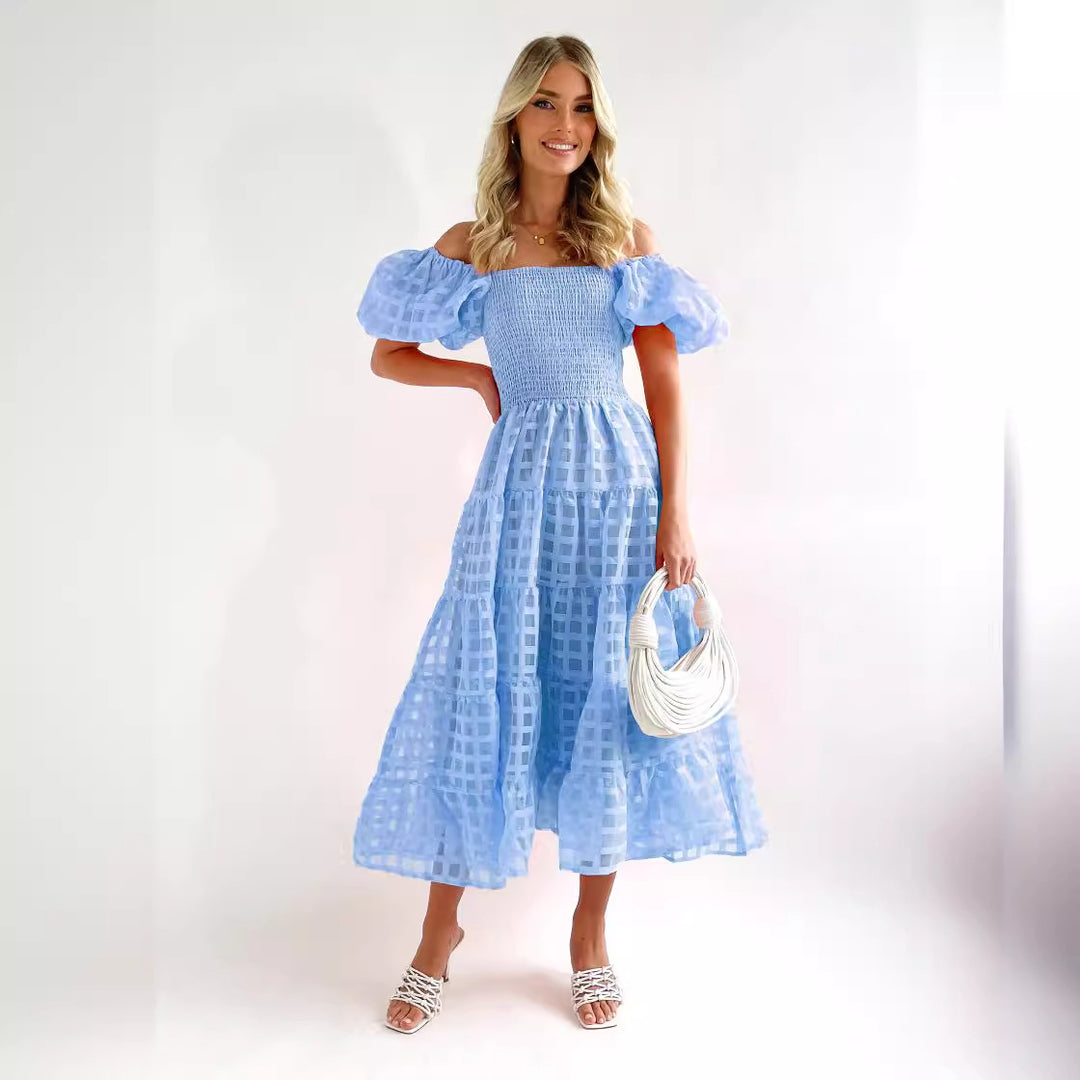 Damen Maxi-Kleid mit Puffärmeln und elastischem Oberteil Drune