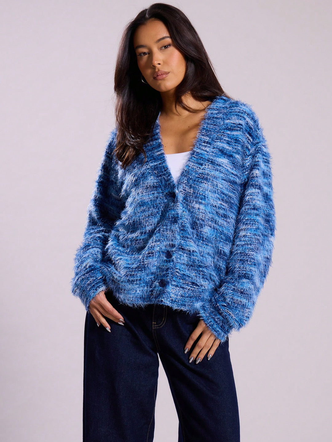 Damen Oversize-Flauschpullover mit weitem Carmen‑Ausschnitt und melierter Strickstruktur Drune