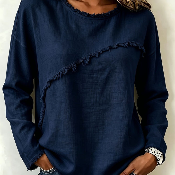 Damen Legeres Longsleeve mit diagonaler Fransenapplikation und ausgefranstem Rundhals Drune