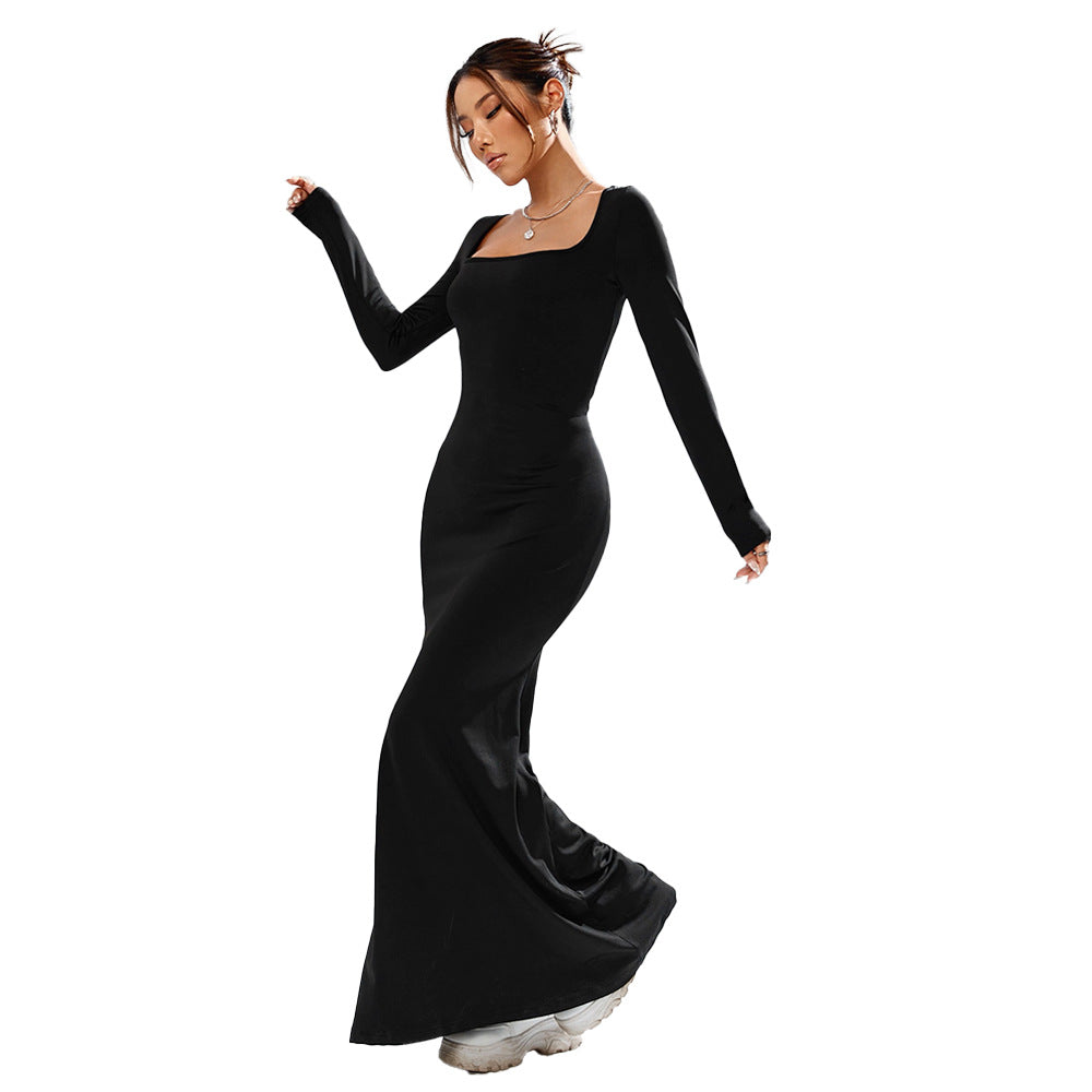 Damen elegantes Maxi-Kleid mit ausgefallenem quadratischen Ausschnitt und figurformender Silhouette Drune