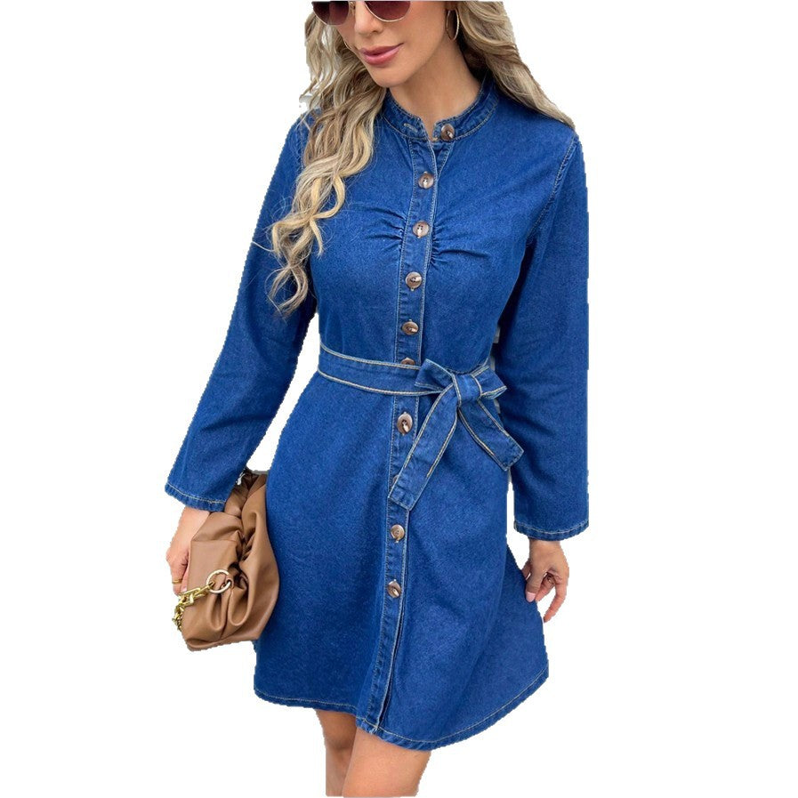 Damen Tailliertes Denim-Kleid mit Knopfleiste und Bindegürtel Drune