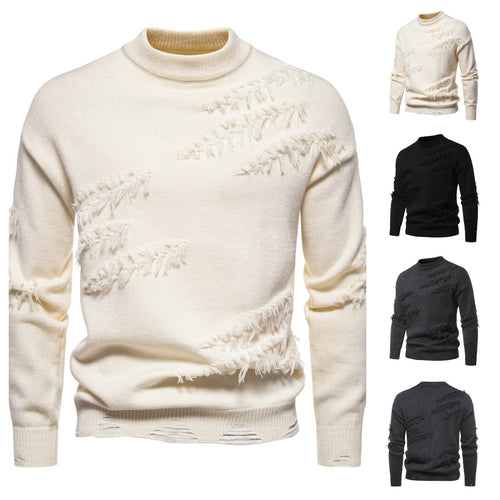 Herren Grobgestrickter Pullover mit Mockneck und ausgefransten Riss-Details Drune