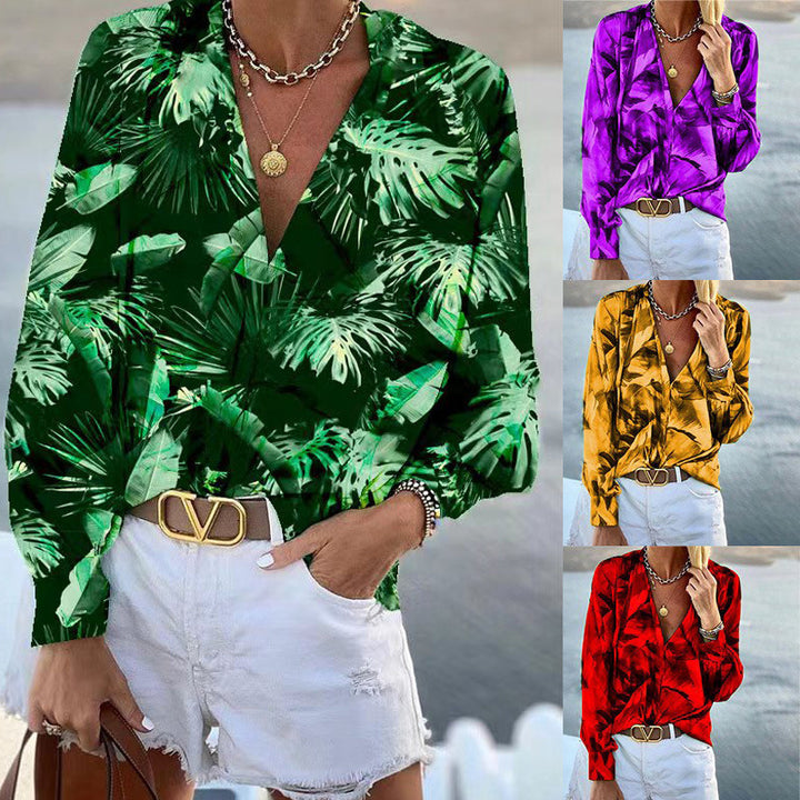 Damen Bluse mit floralem Muster und tiefem V-Ausschnitt Drune