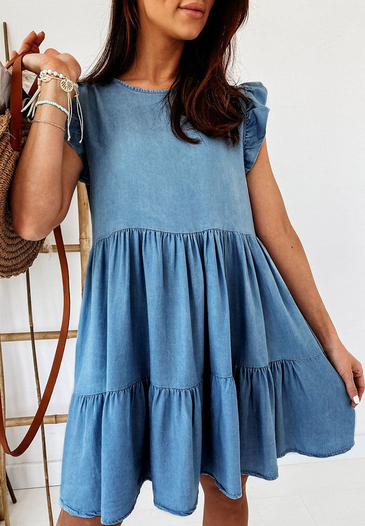 Damen lässiges Baumwollkleid mit voluminösen Rüschendetails und A-Linien-Schnitt Drune