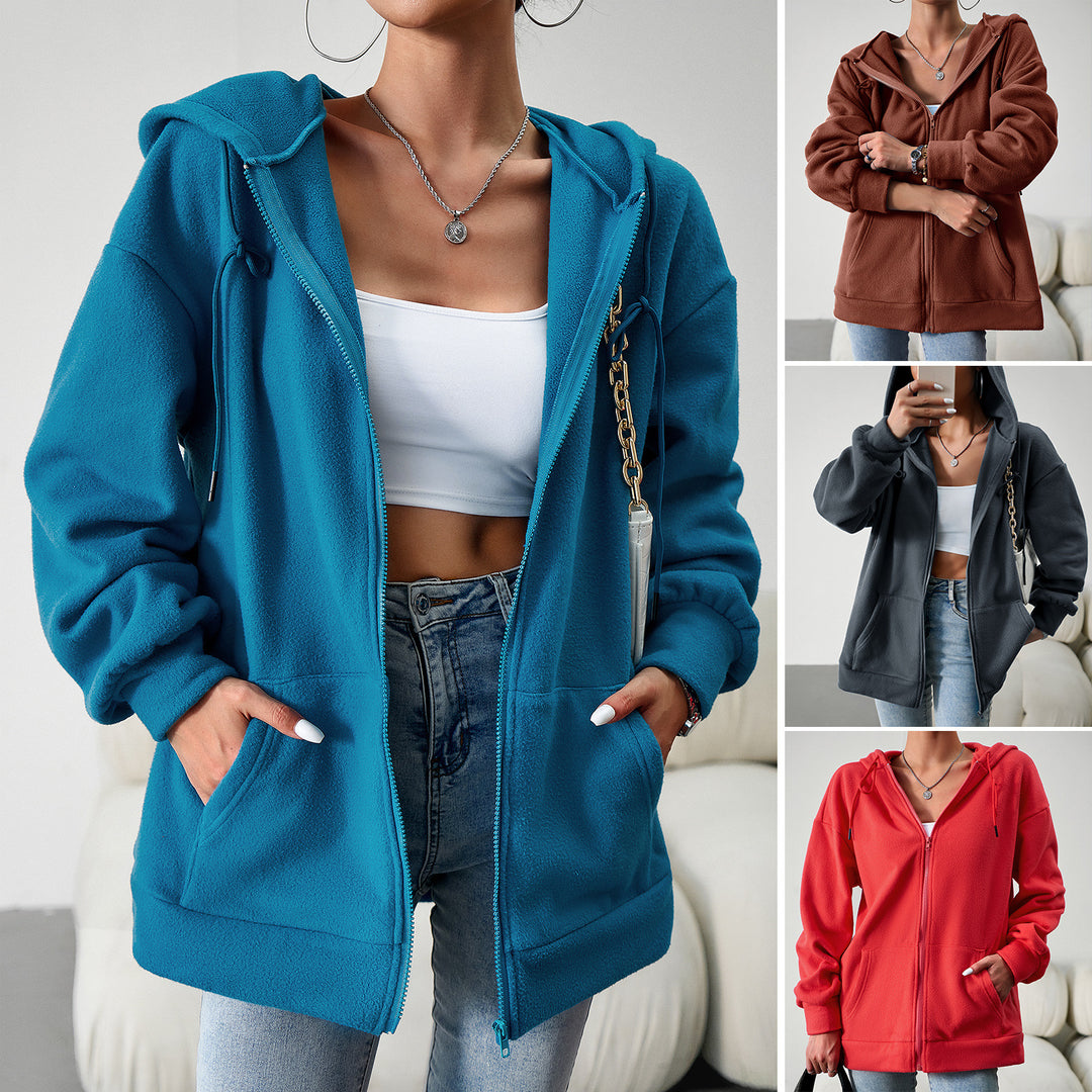 Damen nan kuscheliger Teddy-Fleece Zip-Hoodie mit Kapuze, tiefer Schulterpassform und Kängurutaschen Drune