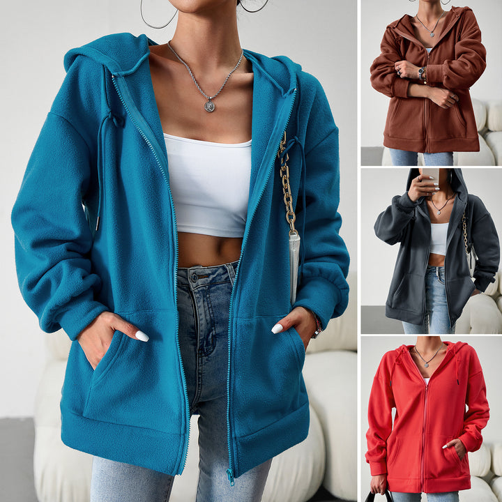 Damen nan kuscheliger Teddy-Fleece Zip-Hoodie mit Kapuze, tiefer Schulterpassform und Kängurutaschen Drune