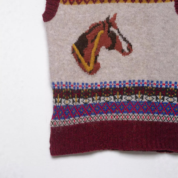Damen Strickweste mit Norweger‑Muster, V‑Ausschnitt und Pferdeintarsien Drune