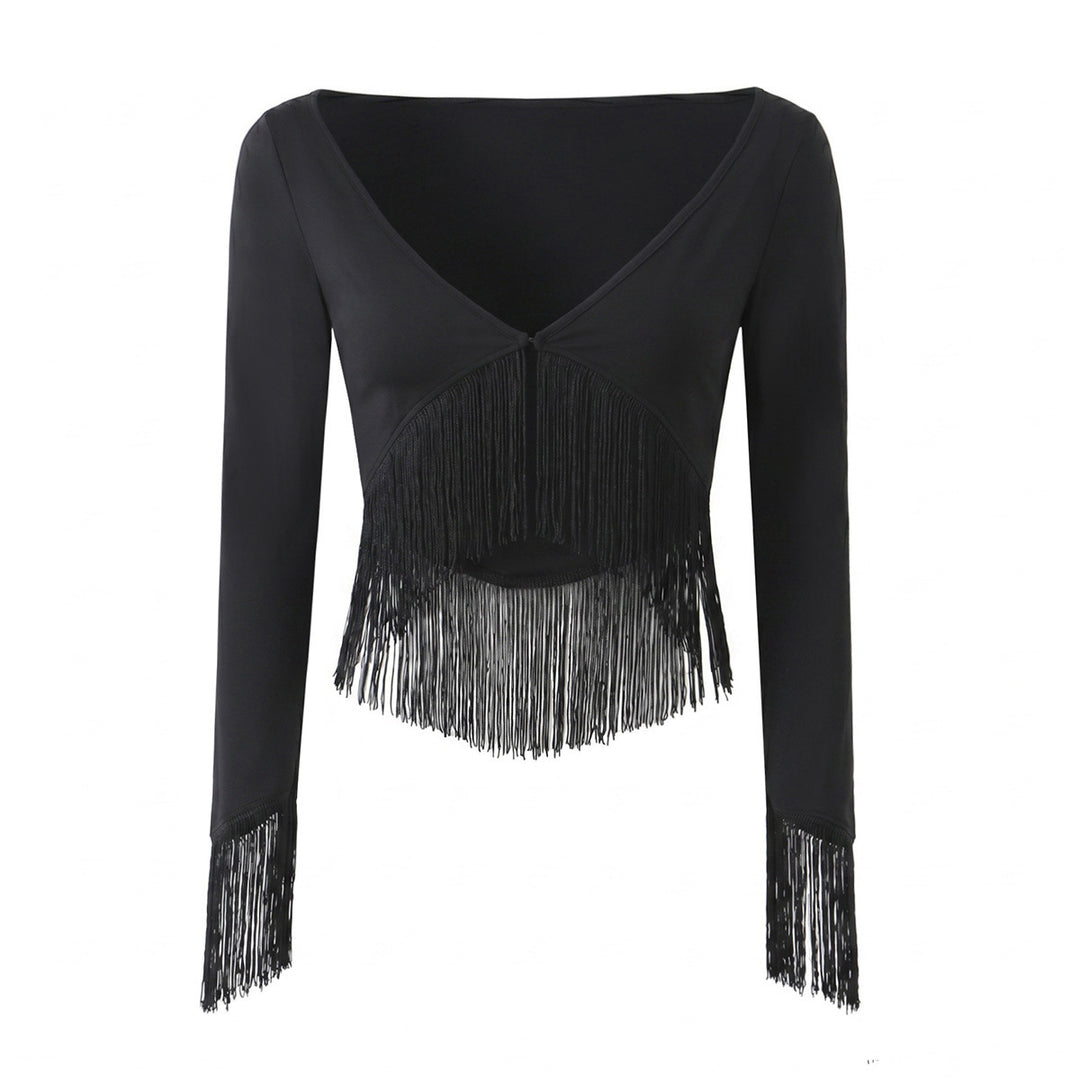 Damen Cropped V‑Neck Oberteil mit langen Ärmeln und dekorativem Fransenbesatz Drune