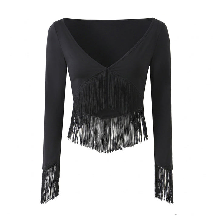 Damen Cropped V‑Neck Oberteil mit langen Ärmeln und dekorativem Fransenbesatz Drune