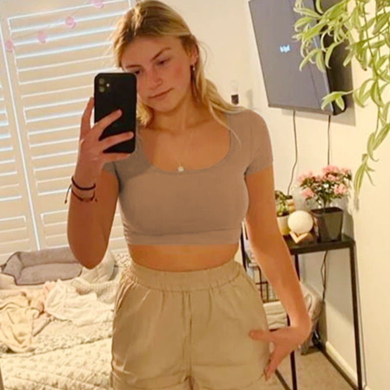 Damen Kurzarm Crop-Top mit Rundhalsausschnitt und figurbetonter Passform Drune