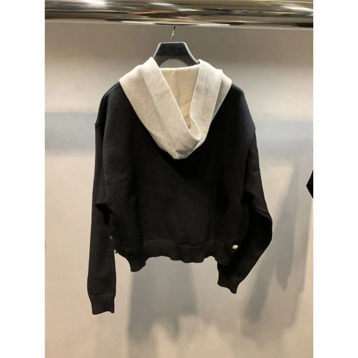 Unisex Grobgestricktes Lagenlook-Sweatshirt mit Kontrastkapuze und Kängurutasche Drune