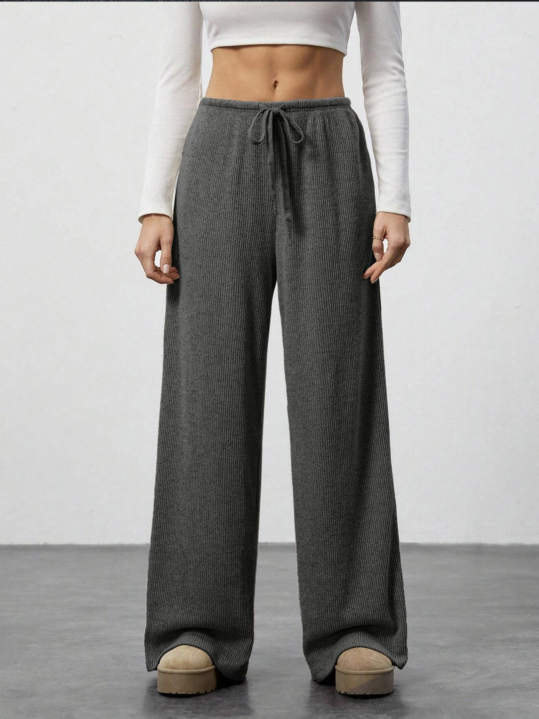 Damen Weiche Rippstrick Loungehose mit weitem Bein und Kordelzug Drune
