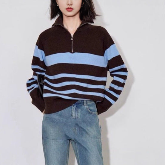 Damen gemütlicher Strickpullover mit modischem Halbzipverschluss Drune