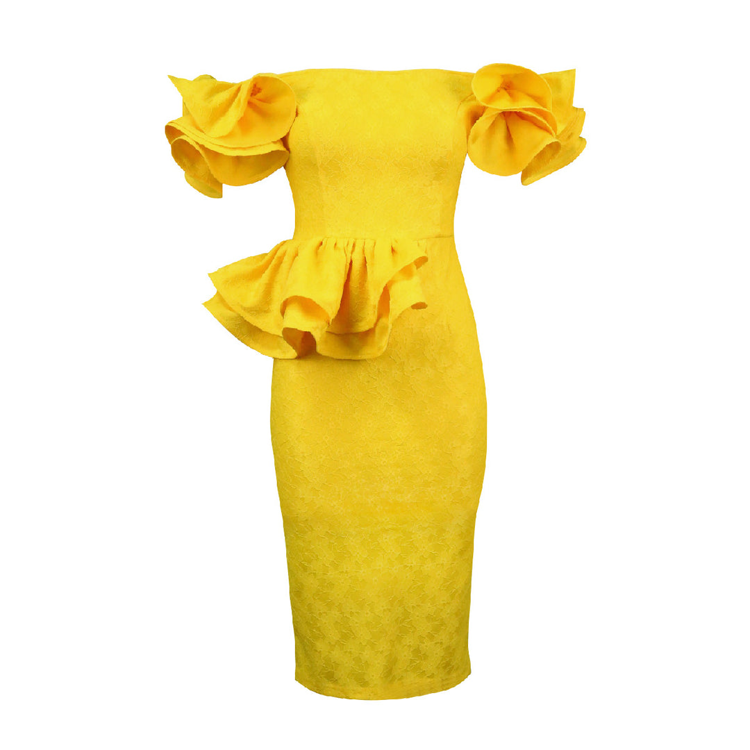 Damen figurbetontes Cocktailkleid mit voluminösen Rüschenärmeln Drune