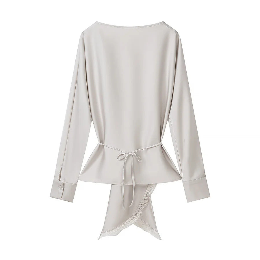 Damen nan Wickelblusen‑ und Midirock‑Set mit Spitzenbesatz Drune