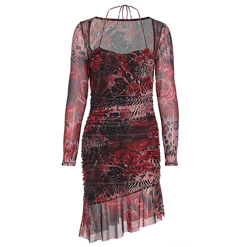 Damen figurbetontes Minimidi-Kleid mit transparentem Design und Blumenmuster Drune