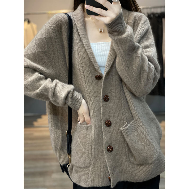 Damen Strickjacke mit Kapuze und großen Knöpfen Drune