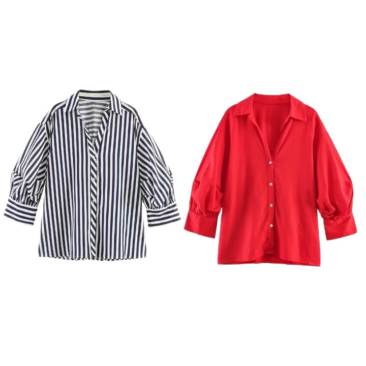 Damen Oversize-Bluse mit Ballonärmeln und Hemdkragen Drune