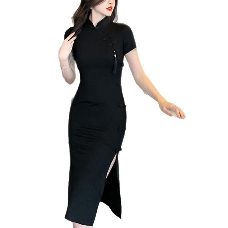 Damen elegantes Bodycon-Kleid mit hohem Schlitz und kurzen Ärmeln Drune