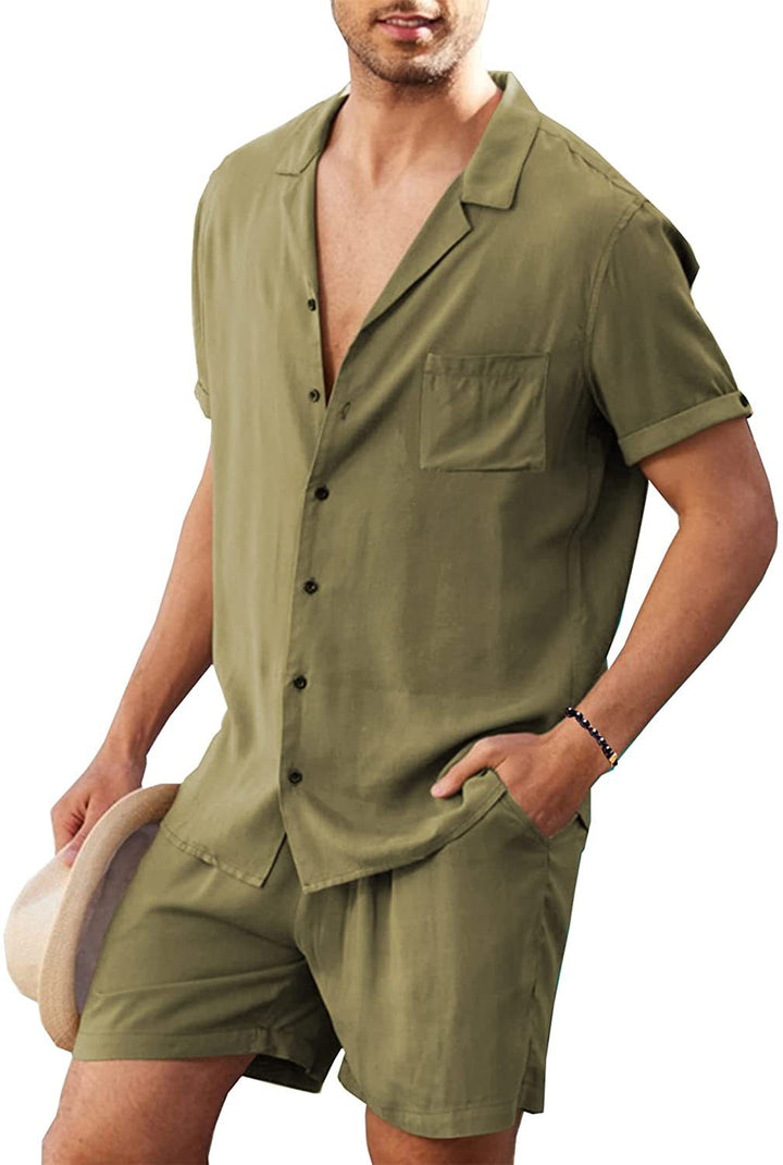 Herren nan zweiteiliges Sommer-Freizeitensemble mit offenem Revershemd und elastischer Kurzhose Drune