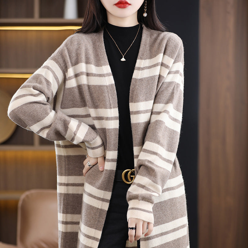 Damen Oversize-Longcardigan aus weichem Wollmix mit kontrastierenden Blockstreifen Drune