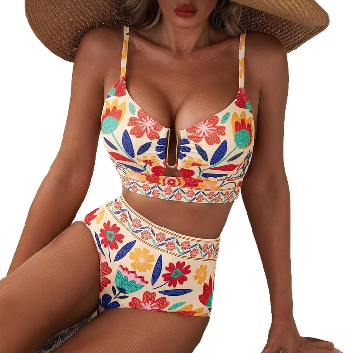 Damen Hoch geschnittener Bikini mit floralem Muster und Leo-Print Drune