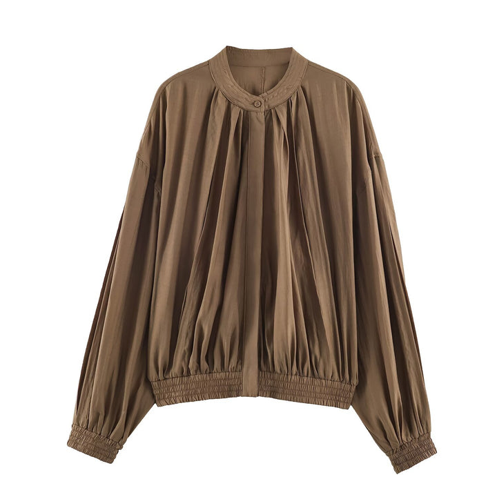 Damen Weites Plissiertes Blouson-Top mit Stehkragen und gesmoktem Saum Drune