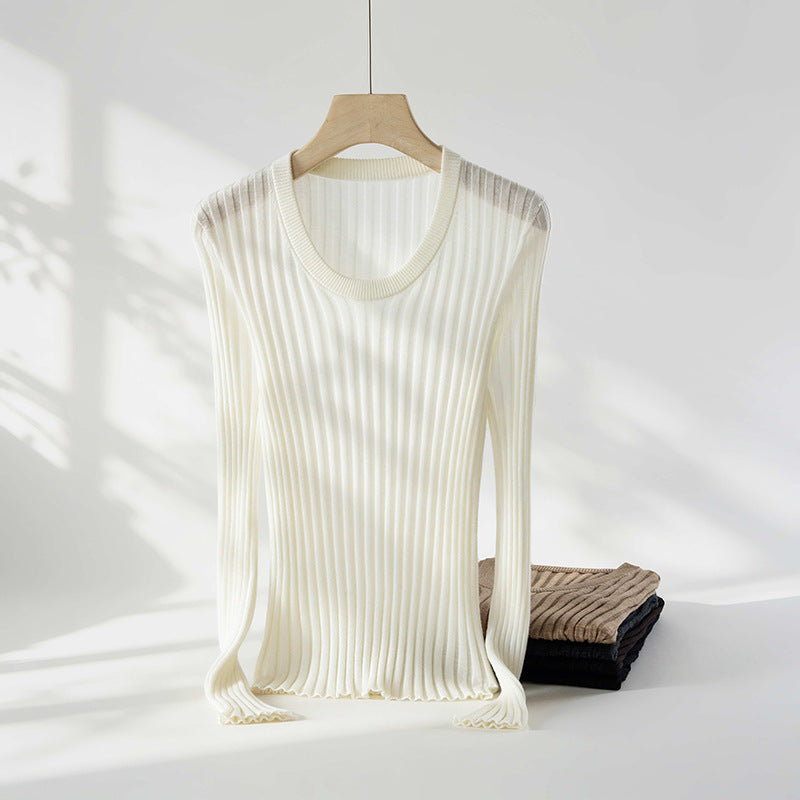 Damen Enges Feinstrick-Longsleeve mit tiefem V-Ausschnitt und breiter Rippenstruktur Drune
