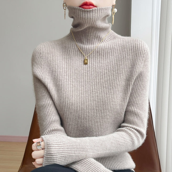 Damen Schlanker Rippenstrick-Rollkragenpullover mit gerafftem Hals und kaschmirähnlicher Haptik Drune