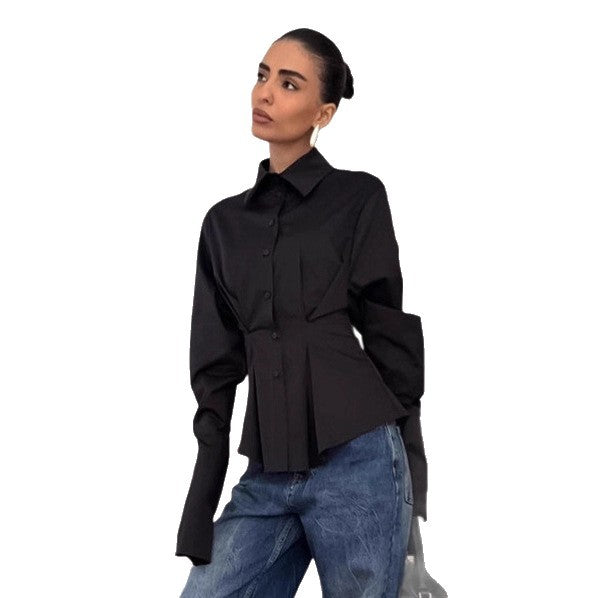Damen Modische Hemdbluse mit tailliertem Schnitt und voluminösen Ärmeln Drune